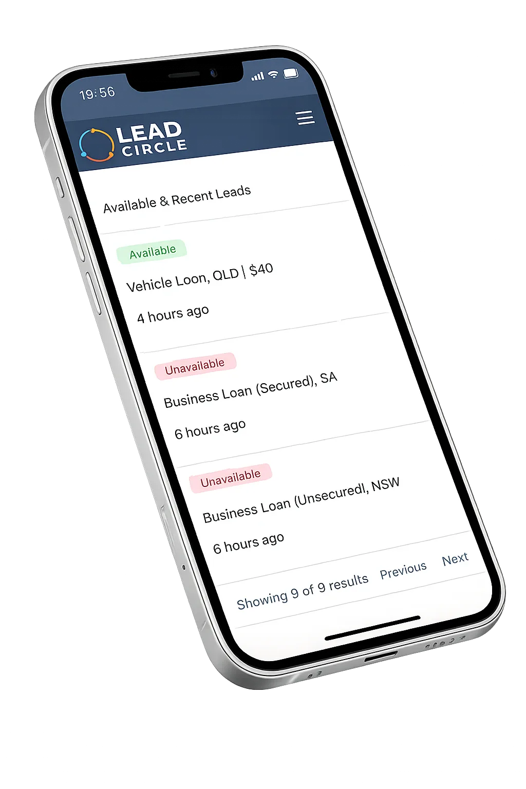 Lead Circle app on mobile showing available and recent leads